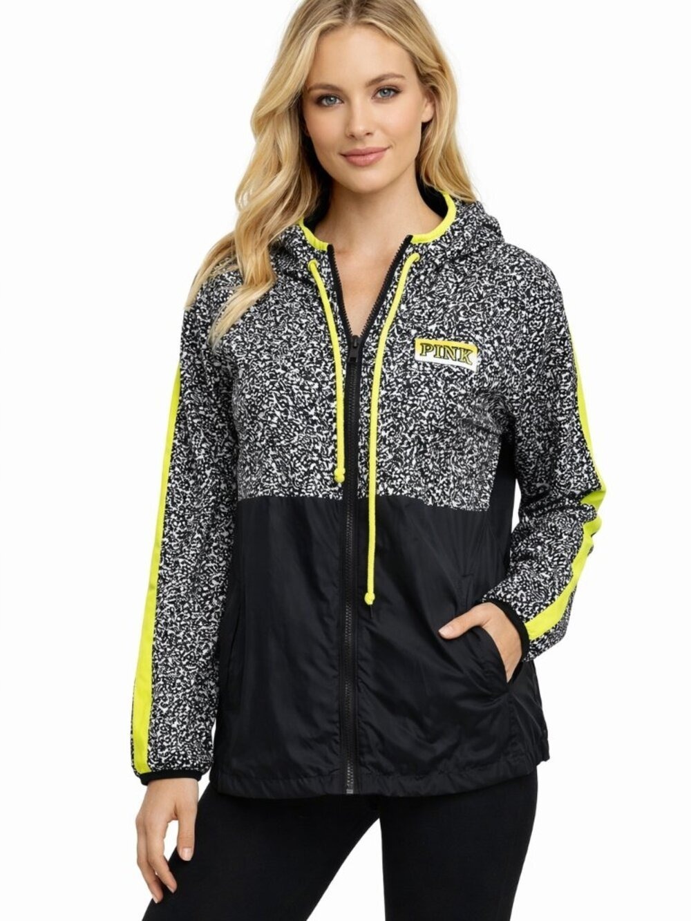 PINK Victoria's Secret Rain Jacket Black White Speckled Neon Trim Medium Large